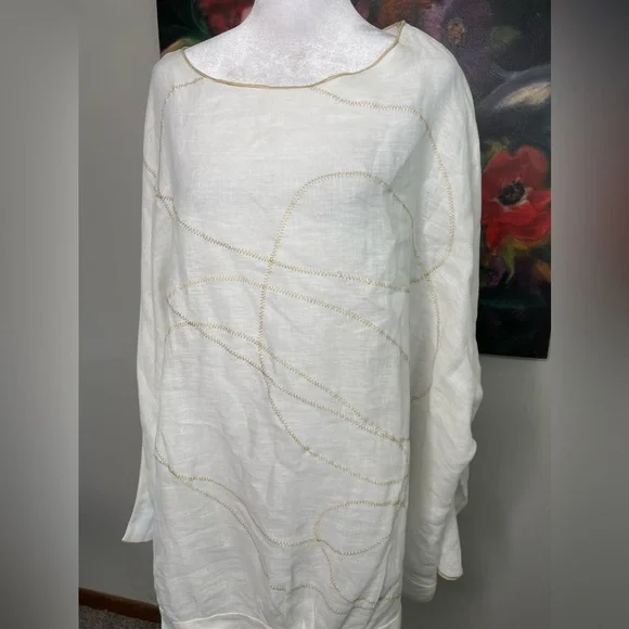 Cynthia Ashby White Linen Cream Abstract Art Stitch Oversized Tunic XL Retail219 - Picture 2 of 12